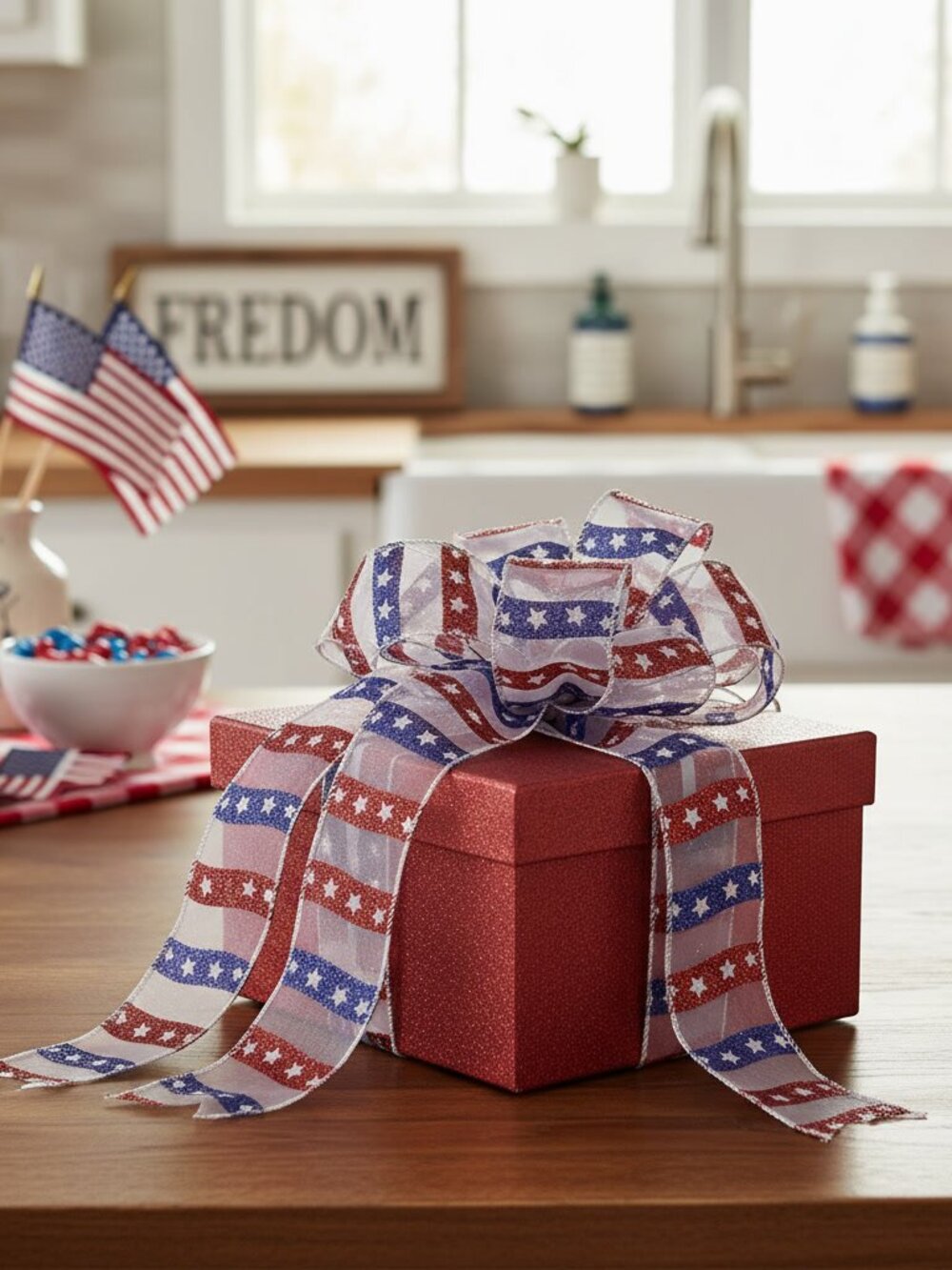 Patriotic American Flag Ribbon 1.5" Wired Edge Glitter Stars Red White Blue 18ft